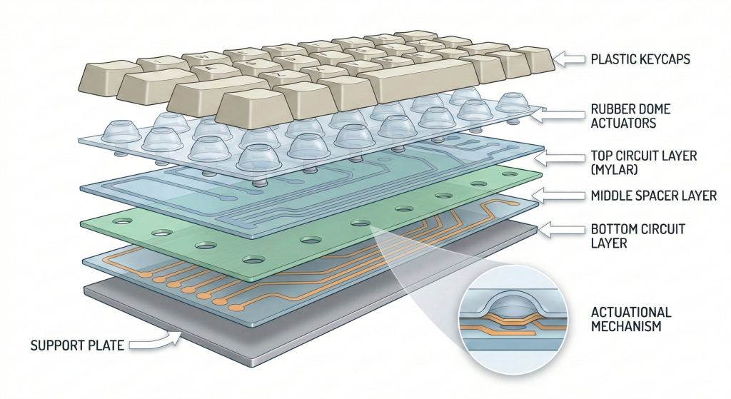 Cross-section of a membrane keyboard showing its 3-layer Mylar circuit and rubber domes