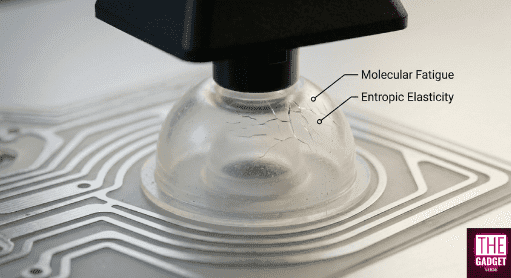 Cross-section of a rubber dome membrane switch showing molecular fatigue cracks