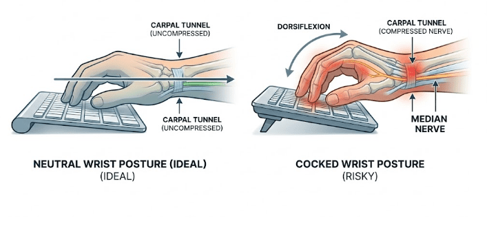 Ergonomic comparison of safe neutral wrist posture vs. risky dorsiflexion