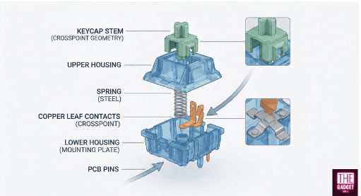 Exploded view detailing the internal components of a mechanical switch