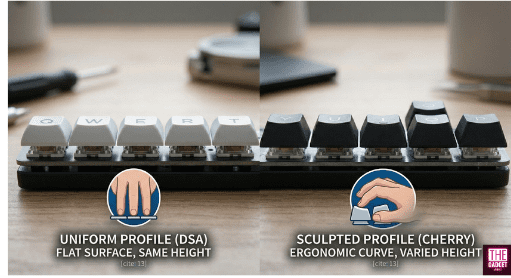 Flat uniform keycap profile (DSA) vs. ergonomically sculpted profile (Cherry)