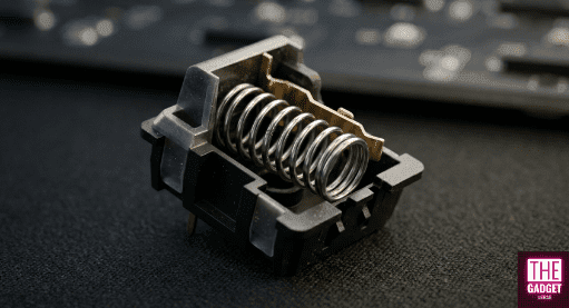 Macro view of a mechanical keyboard switch internal compression spring