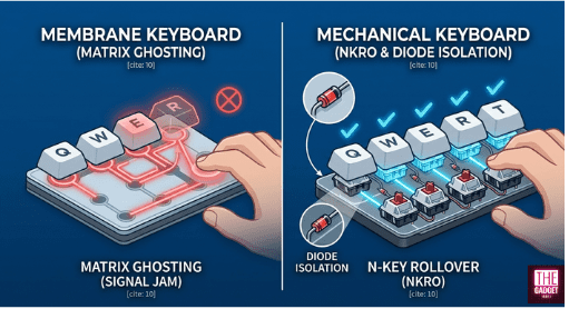 Signal ghosting in membrane circuits vs. true N-Key Rollover (NKRO) in mechanical keyboards.