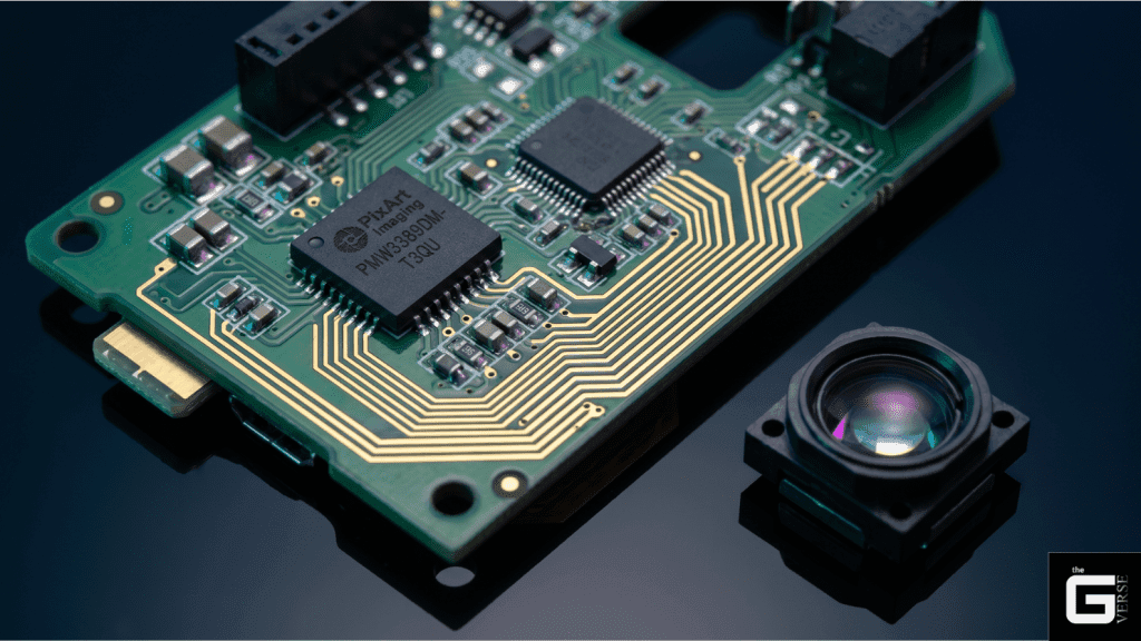 Mouse PCB with PixArt chip and optical lens.