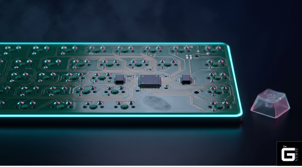 Keyboard PCB showing MCU microcontroller chip that handles SOCD input arbitration and firmware logic