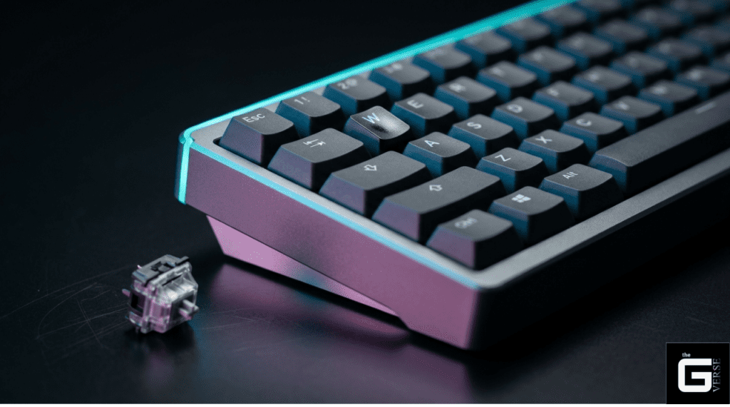 RGB mechanical keyboard with hot-swap switch and teal underglow lighting