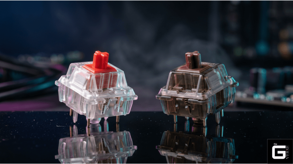 Red linear and brown tactile mechanical keyboard switches side by side close-up