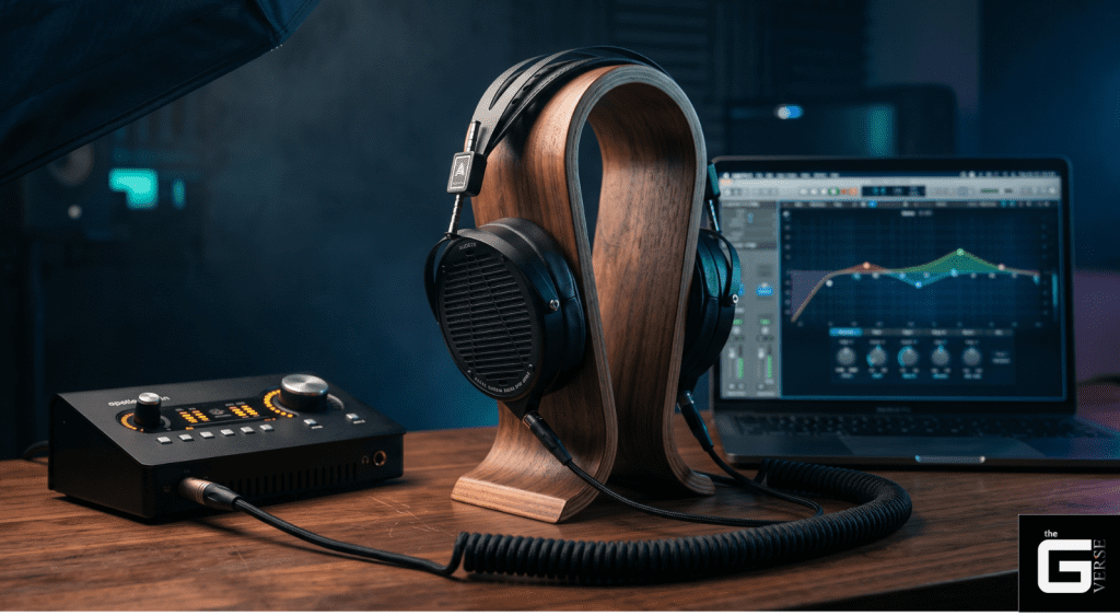 Studio headphones with EQ software interface