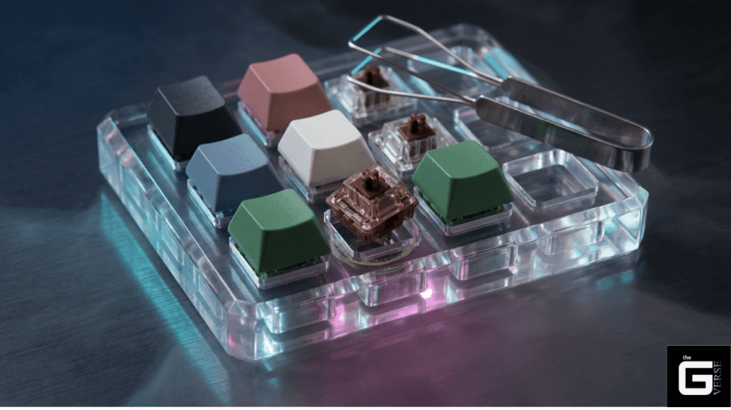 Mechanical keyboard switch tester with colorful keycaps and switch puller tool