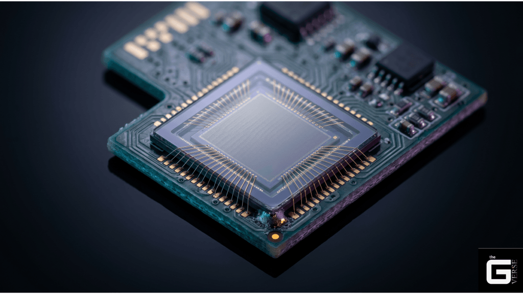 Macro shot of a CMOS sensor chip with gold bond wires on a circuit board