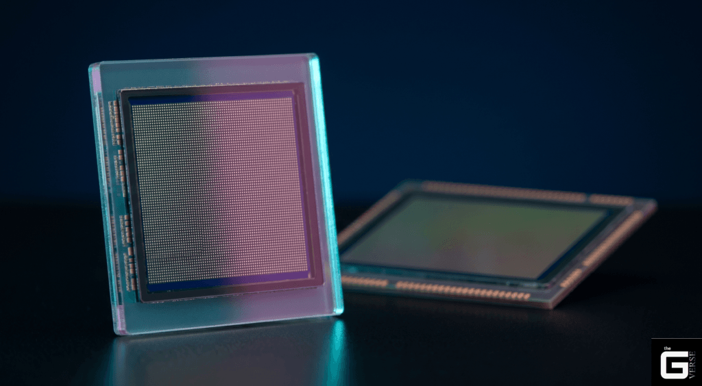 Macro view of a CMOS sensor chip showing its pixel grid pattern