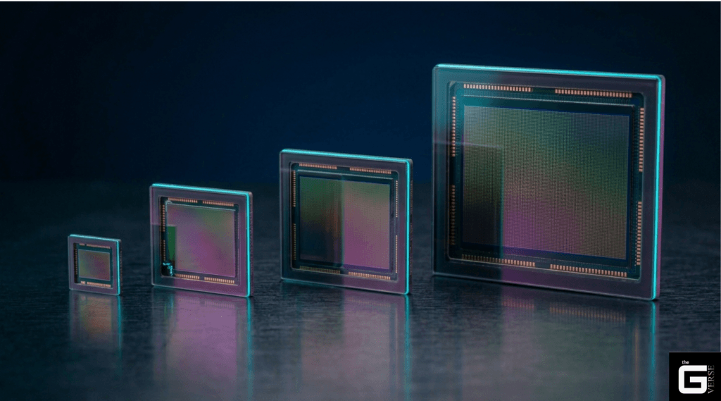 Four camera sensors of different physical sizes standing side by side