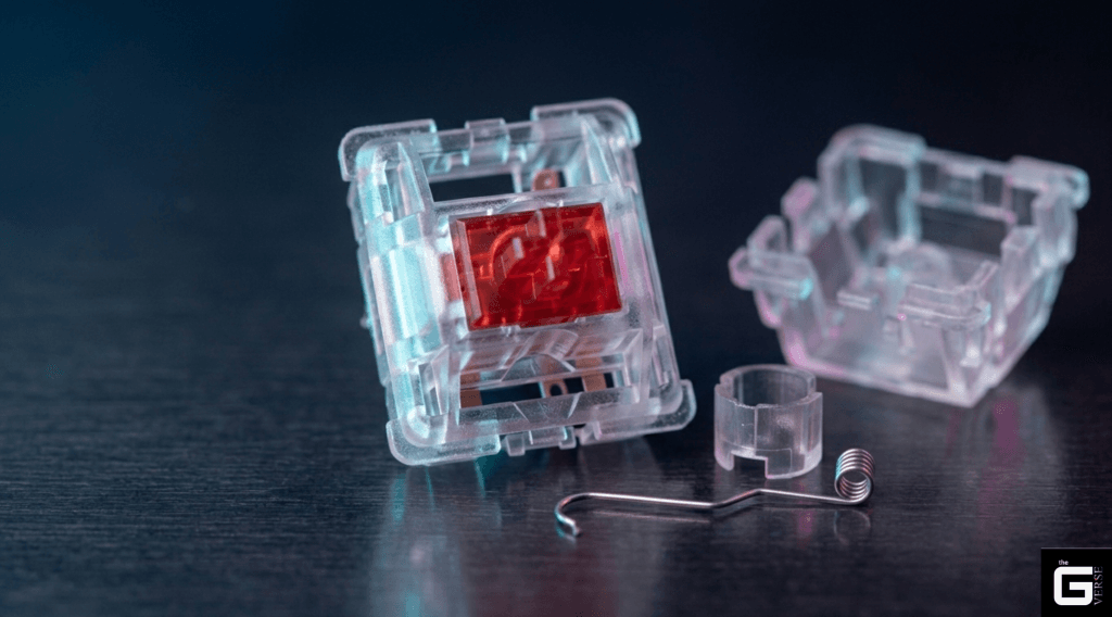 Open clicky keyboard switch showing its internal clickbar wire mechanism