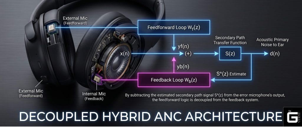 Diagram of decoupled hybrid noise cancellation architecture showing feedforward and feedback loops