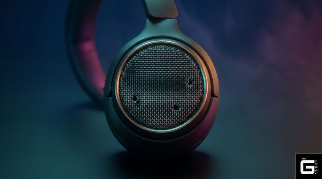 Close-up of open-back headphone metal mesh grille