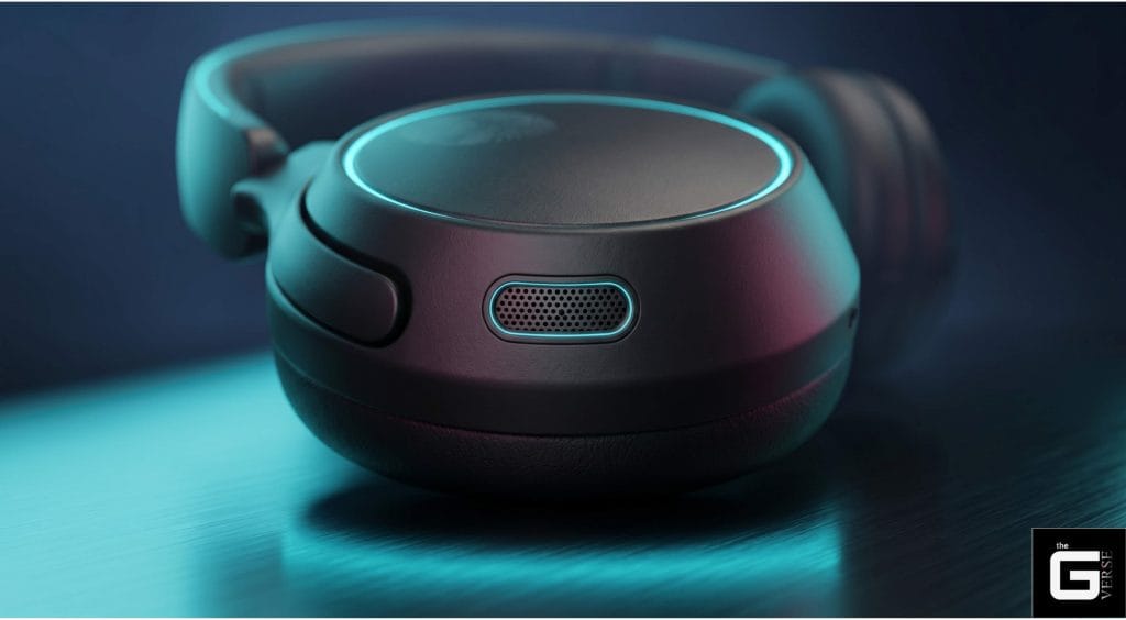 Close-up of a headphone ear cup showing its external microphone grille