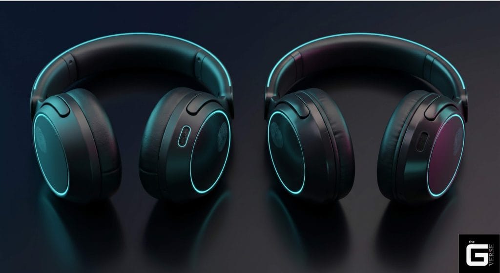 Two headphones side by side showing ear cup microphone and driver details
