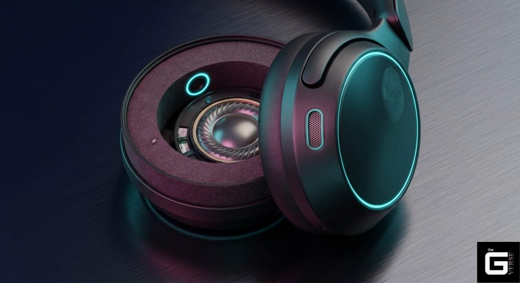 Cross-section of a headphone ear cup showing the driver and internal microphone