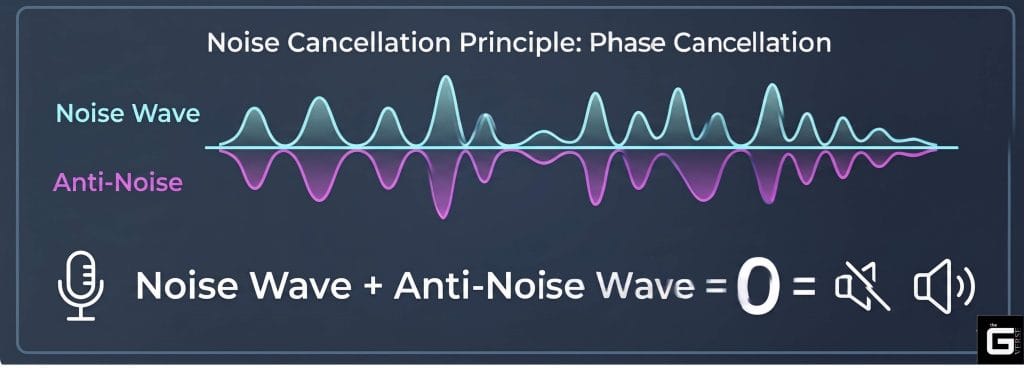 Diagram showing a noise wave and anti-noise wave cancelling out to zero