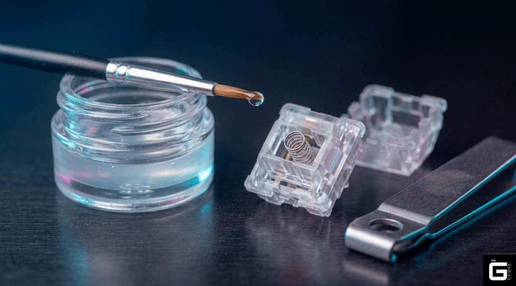 Lubricant jar and brush beside an open keyboard switch and switch opener tool