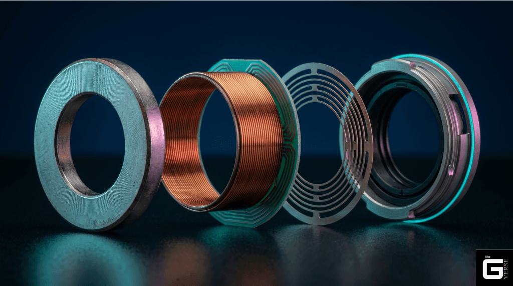 Exploded view of a voice coil motor's magnet, coil, and lens ring parts