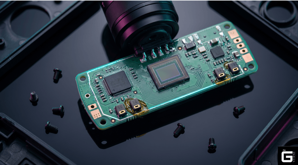 Close-up of a webcam circuit board showing the sensor and microphone components