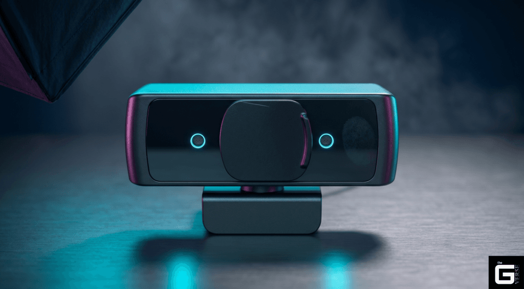 Webcam with closed privacy shutter and visible microphone grilles on each side