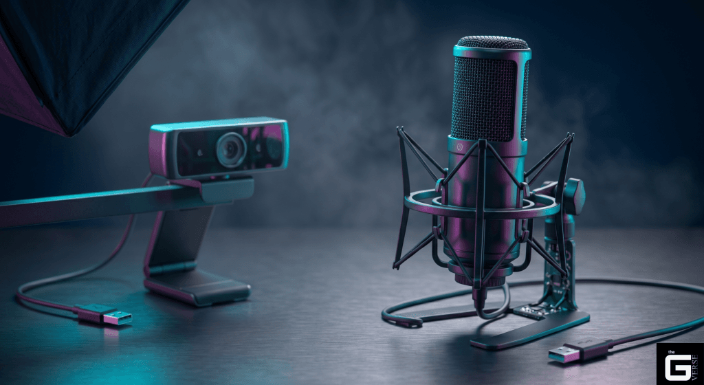 Webcam beside a studio microphone, comparing built-in versus external audio