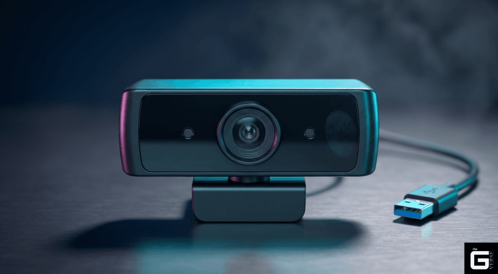 Webcam lens with microphone grilles on each side and a USB cable